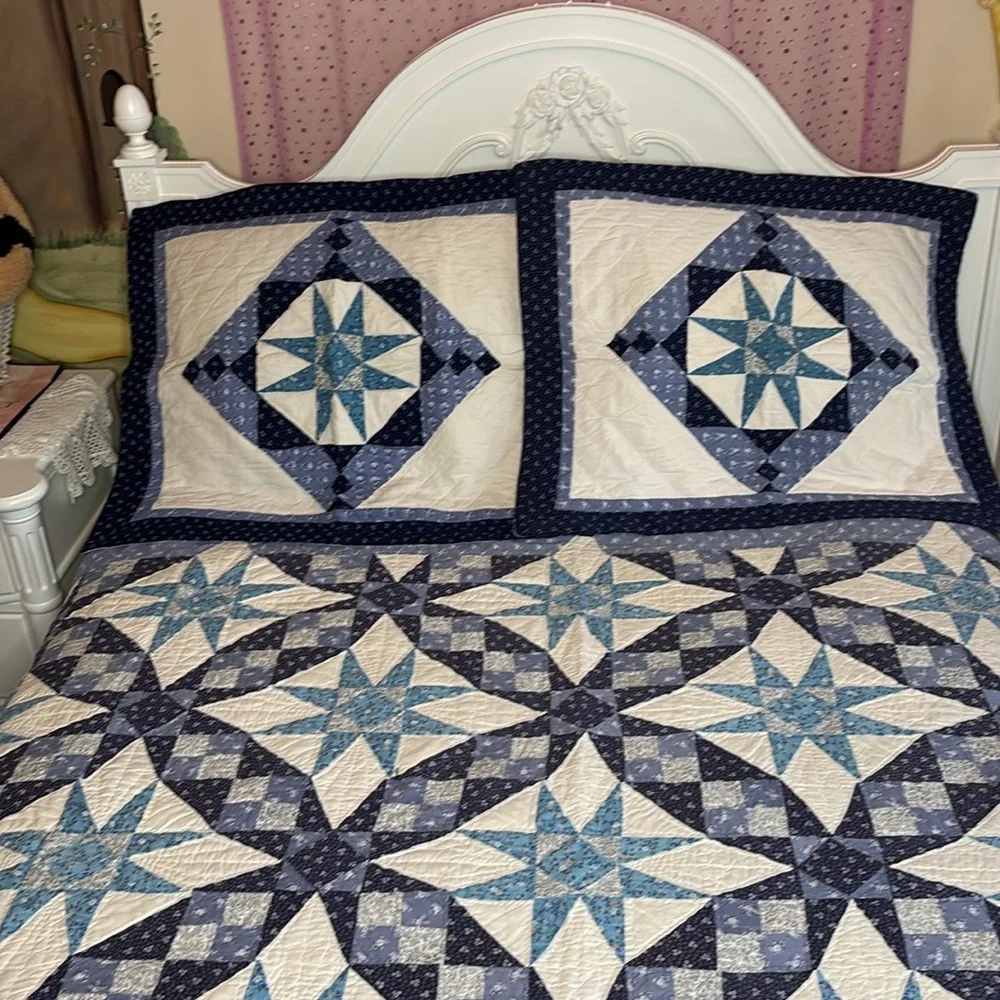 Vintage Quilt Patchwork Vintage Pattern Star Hand Crafted Handmade Blue White